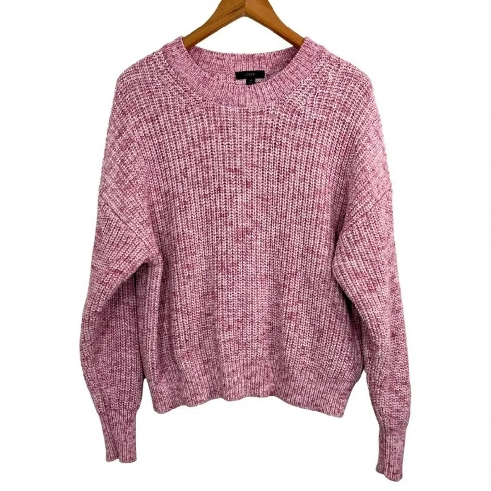 J.Crew Womens M Pink Marled Chunky Knit Sweater Cotton Blend Crew Neck Cozy